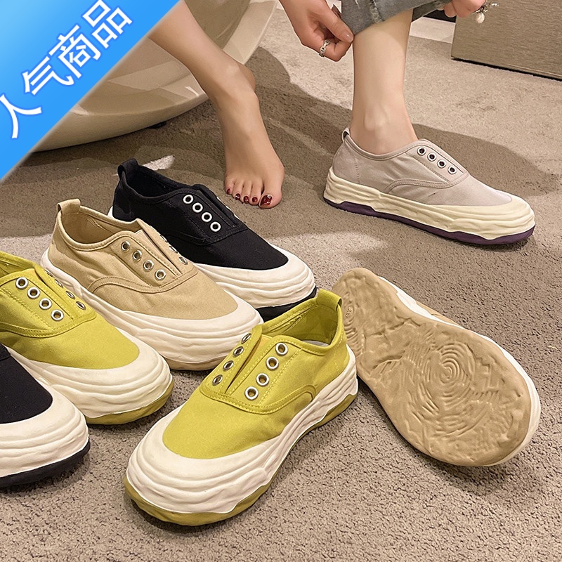 SUNTEK小白帆布鞋女夏季薄款2023新款圆头可爱一脚蹬懒人百搭休闲鞋高清大图