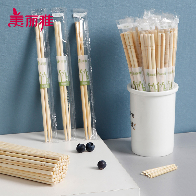 美丽雅 家用独立包装外卖便筷子饭店商用竹筷子一次性圆头竹筷80双入