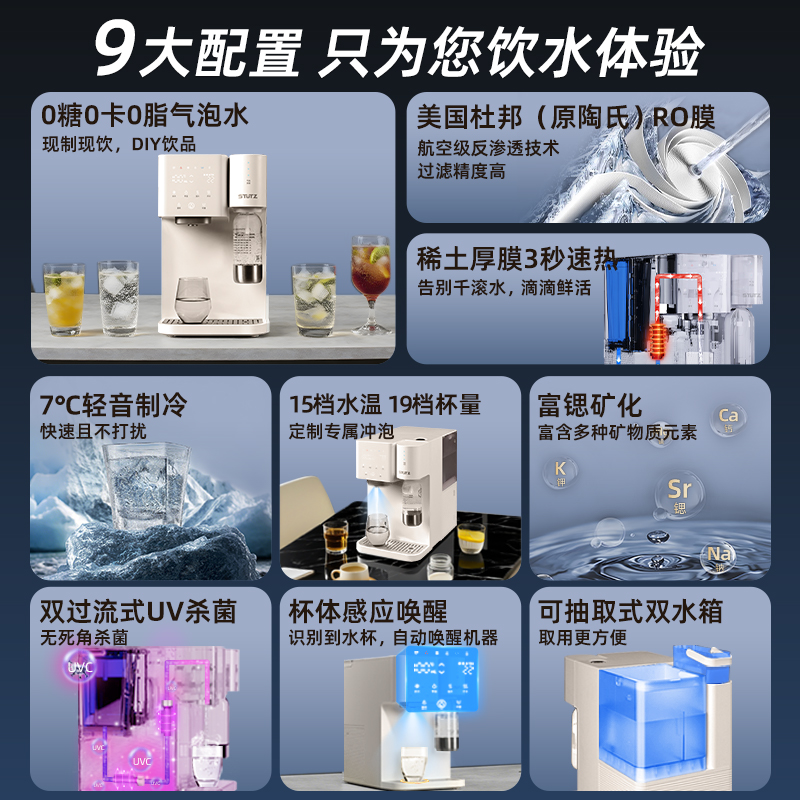 STUTZ气泡水净水器家用富锶矿化即热制冷直饮一体饮水机RO反渗透台式净饮机全自动免安装桌面加热净水机Q1冷热净矿气泡水高清大图