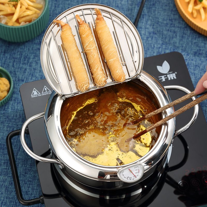 月光银20cm翻盖油炸锅炸锅家用小炸锅省油迷你不锈钢控温电磁炉燃气