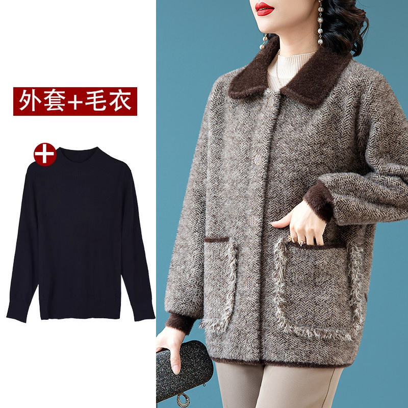 恒源祥中年妈妈秋装水貂绒羊毛呢外套新款中老年女装秋冬洋气上衣 3XL建议145-160斤 咖色外套+毛衣