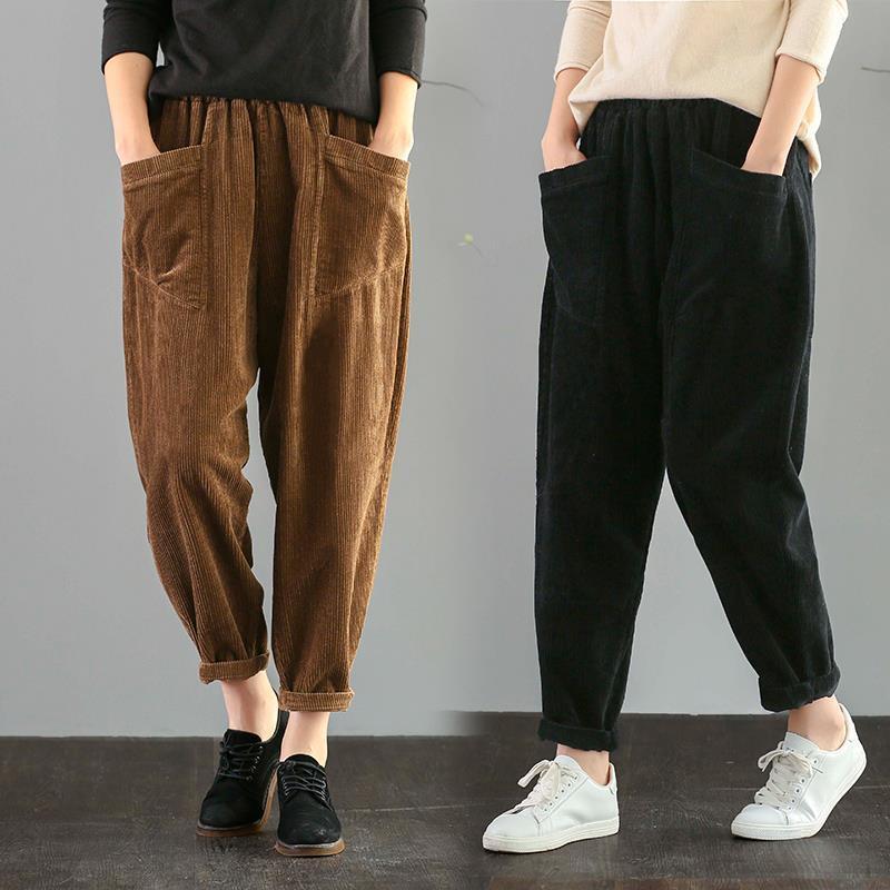 加绒加厚秋冬灯芯绒文艺高腰女萝卜裤哈伦裤绒裤宽松口袋老爹裤女