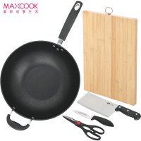 MAXCOOK美厨锅具套装五件套MCTZ257不粘炒锅菜刀水果刀剪刀砧板厨具组合燃气炉电磁炉通用