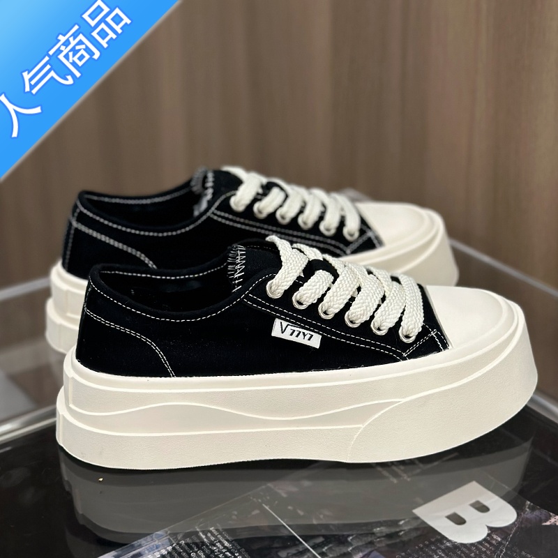 SUNTEK厚底透气帆布鞋女2023新款夏季运动休闲鞋增高系带软底小白鞋板鞋高清大图