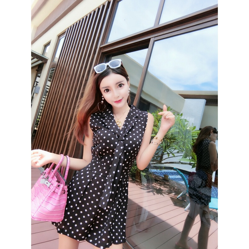 夏装2018新款女时尚韩版波点显瘦宽松西装领休闲高腰阔腿裤连体裤黑色
