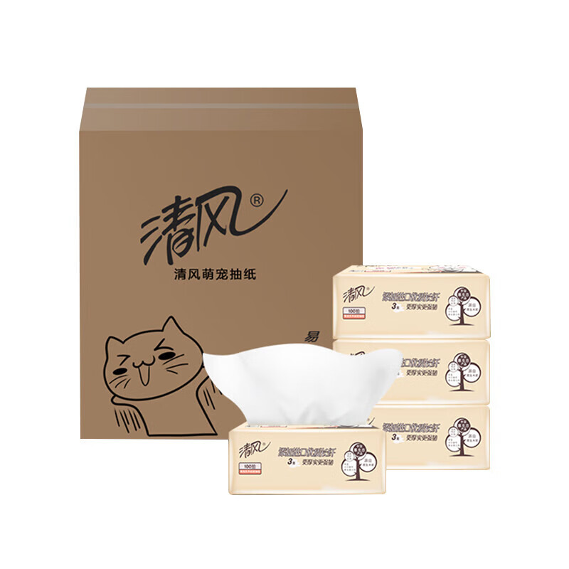清风 抽纸 萌宠系列亲肤抽纸 3层100抽24包 (箱装)