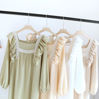 米黄色 -荷叶-长裙 M 95-115斤 长袖棉纱布睡裙女春夏秋季薄款宫廷公主风长款大码家居裙可外穿