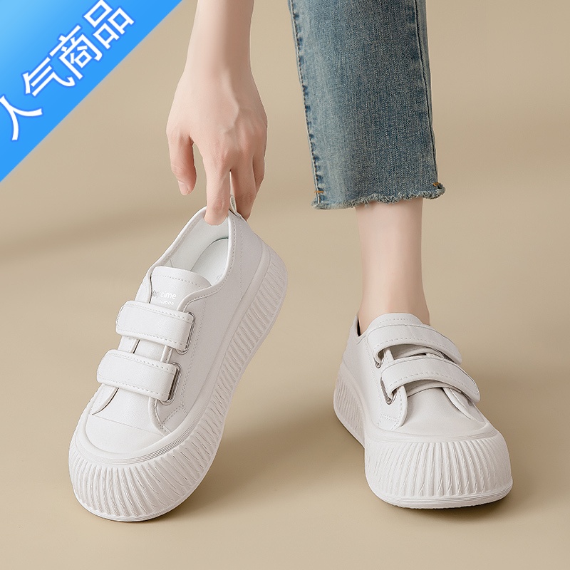SUNTEK魔术贴小白鞋女2023新款夏季厚底百搭休闲帆布鞋轻便运动白色板鞋高清大图