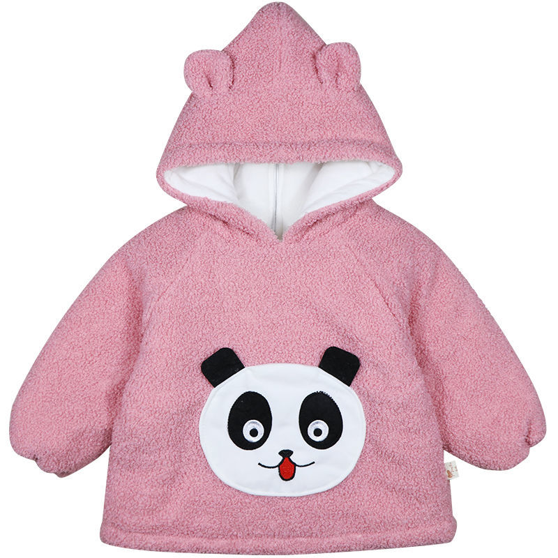 宝宝罩衣男女童秋冬季连帽加泰迪绒反穿衣儿童洋气加棉长袖护衣 粉色