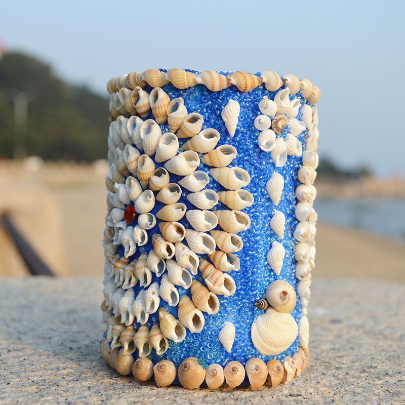 笔筒摆件礼物创意海螺贝壳工艺品红色珍珠粒笔筒