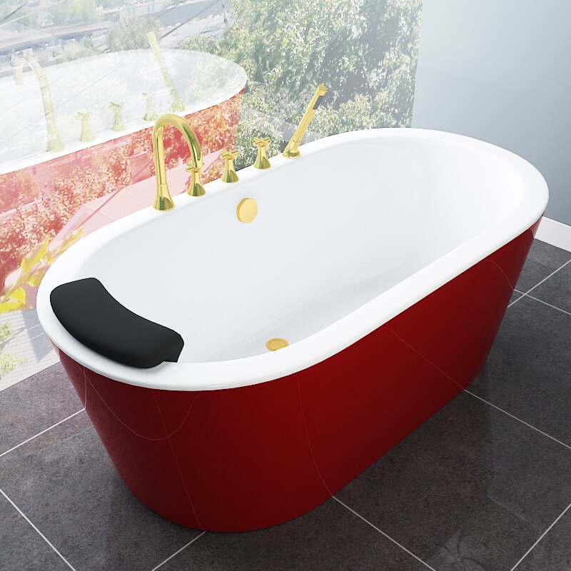 浴缸浴缸一体家用黑红独立式澡盆左裙豪华浴盆欧式哑光扶手浴室泡澡小
