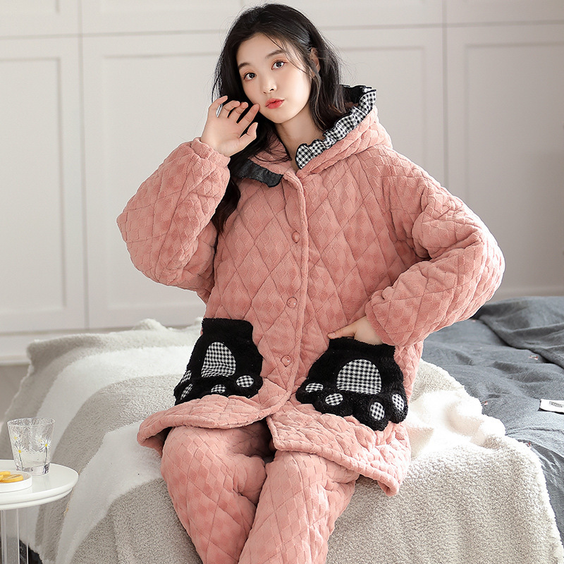 权小威睡衣女士秋冬季三层夹棉连帽保暖冬天加厚加绒家居服