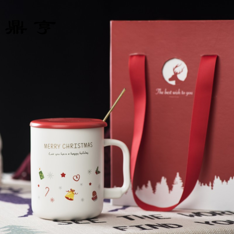 鼎亨圣诞节创意鹿角少女萌系简约带盖勺马克杯情侣陶瓷咖啡水杯礼