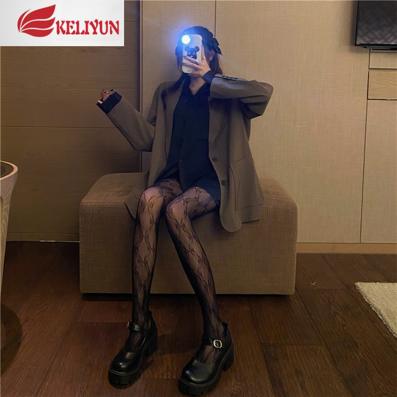 可莉允加大码性感网袜秋冬缕空蕾丝打底连体袜网红薄款黑色丝袜200斤女丝袜