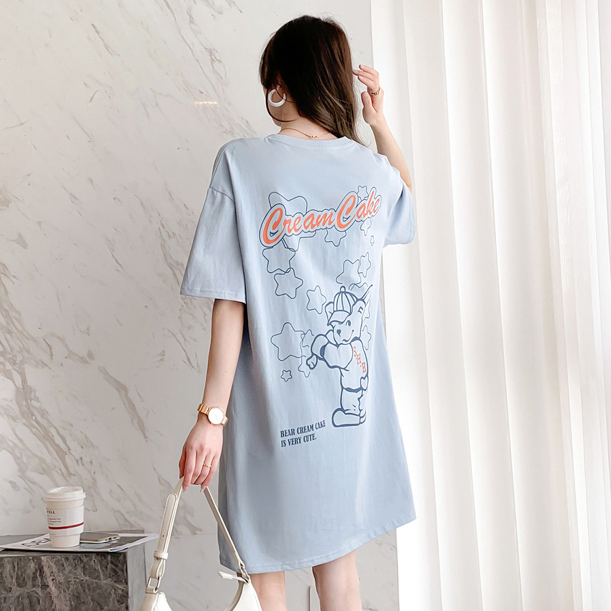 [1.5折价55元]唐狮夏季连衣裙女卡通可爱印花短袖t恤下衣失踪清新休闲流行