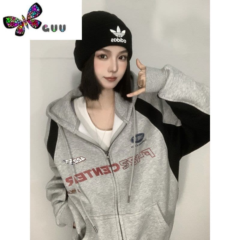 语娄国潮美式开衫卫衣外套女2023新款宽松长袖oversize撞色插肩袖上衣图片