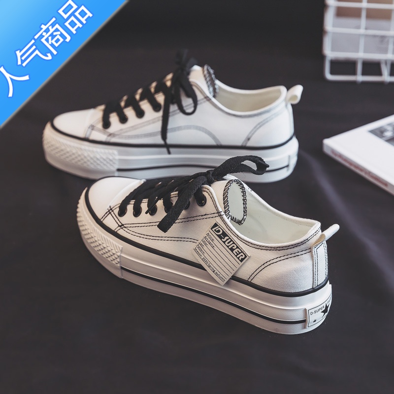 SUNTEK夏季厚底松糕帆布鞋女鞋2023年新款春秋小众百搭运动板鞋球鞋高清大图