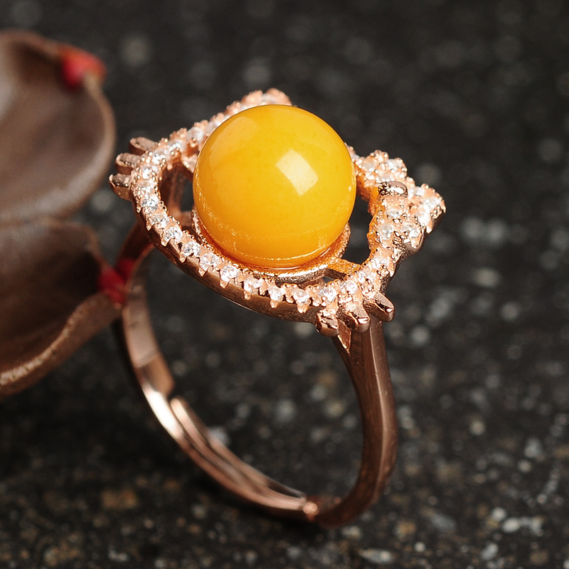 s925镶嵌蜜蜡圆珠戒指女款猫咪指环饰品 带证书送女朋友七夕情人节