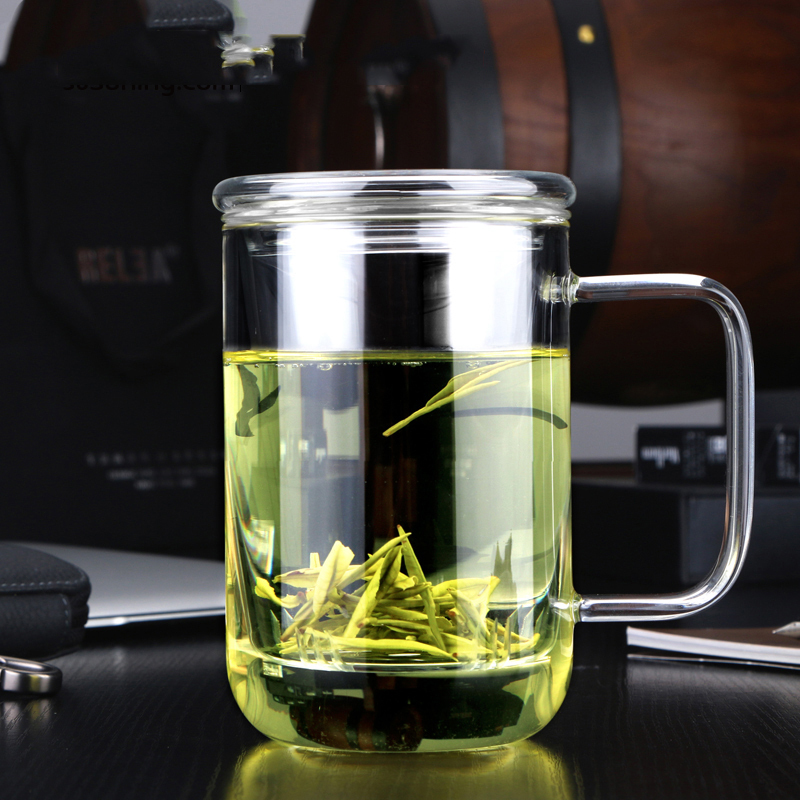 物生物(RELEA)君子杯创意玻璃杯不保温 带盖透明办公过滤茶杯男士水杯随手杯 花茶杯子420ml