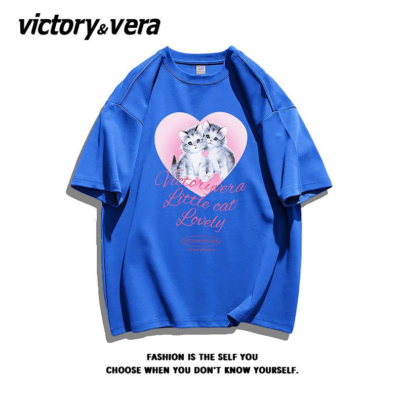 VICTORYVERA萌宠印花2022短袖T恤女新款夏季学生宽松盐系纯棉上衣