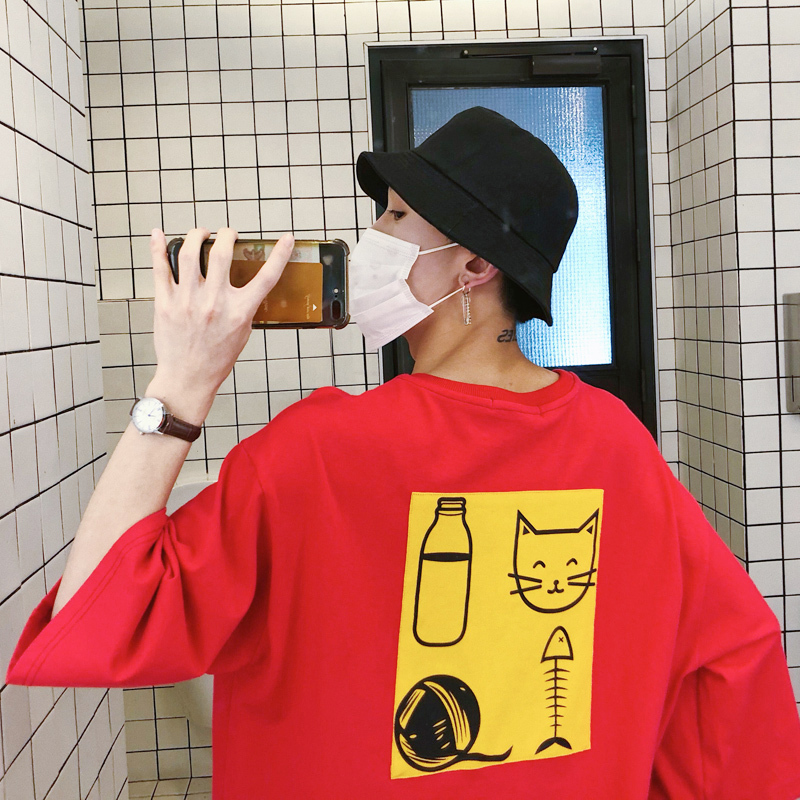 T恤男港风新款夏款学生卡通印花宽松薄款圆领气质七分袖