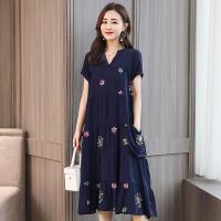 中年妈妈装棉绸绣花连衣裙女夏装短袖中长款宽松大码显瘦大摆裙子