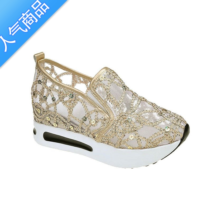 SUNTEK显瘦内增高蕾丝网面春夏季透气小白单鞋网纱运动薄款女鞋亮片坡跟高清大图