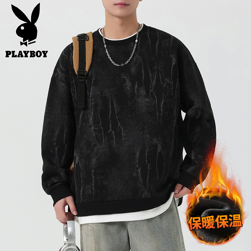 花花公子新款高品质加绒重磅圆领卫衣男2025秋冬新款假两件拼接扎染宽松休闲上衣高清大图