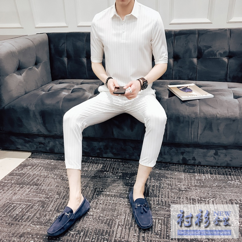2018夏款新款潮男夜店公子条纹衬衫两件套休闲宽松两件套九分裤男