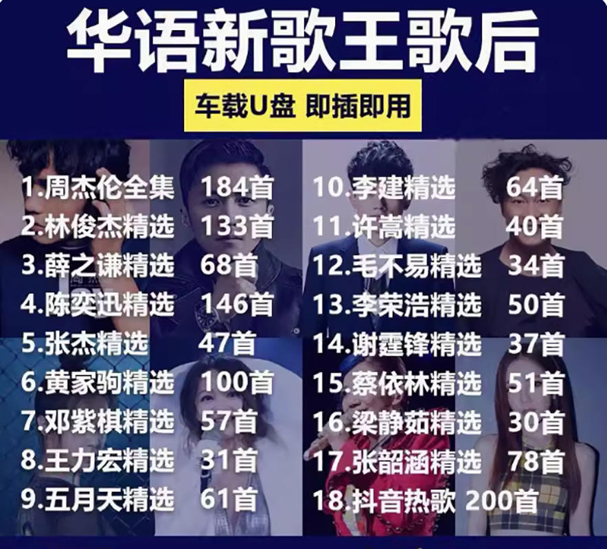 华语热门流行歌手合集车载u盘年度金曲音乐歌曲汽车优盘 套餐三64G【华语歌手合集+华语MV】