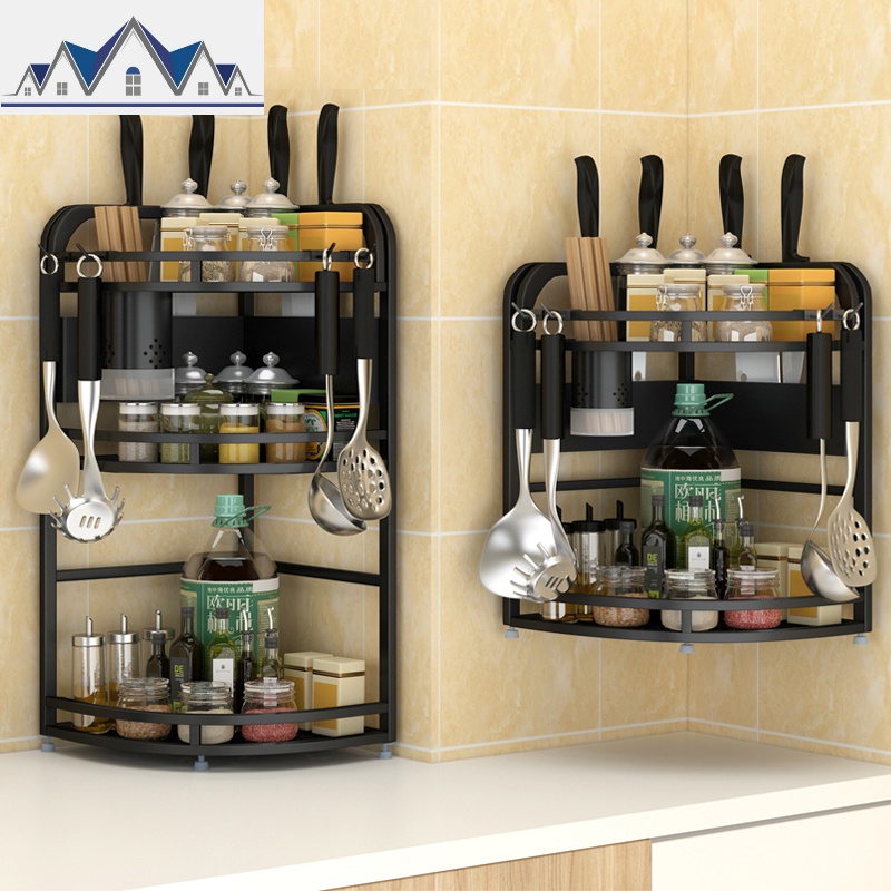 厨房置物架不锈钢黑色三角架厨房用具壁挂调味品调料转角收纳架子_9_108高清大图