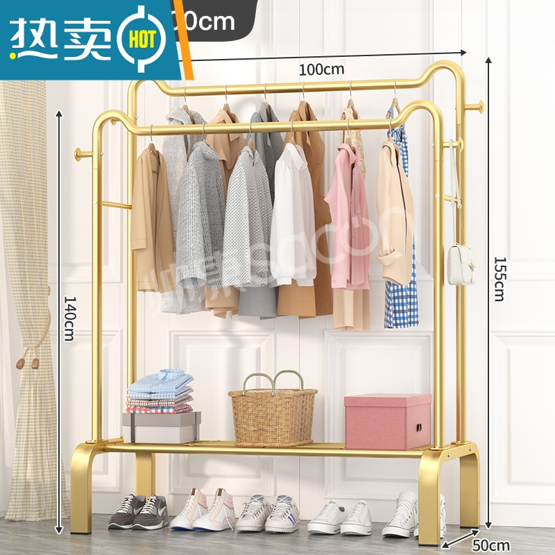 敬平简易晾衣架落地立式家用衣帽架卧室挂衣服架子网红晾衣器 ❤猫耳双杆❤100cm❤轻奢金❤ 大