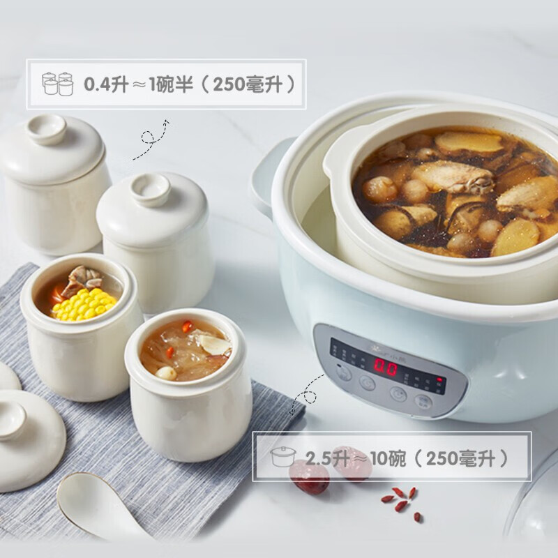 小熊 电炖锅家用白瓷隔水炖盅 煲汤燕窝熬粥锅迷你2.5L陶瓷电砂锅婴儿辅食煮粥锅 一盅五胆配蒸笼DDZ-C25E1高清大图