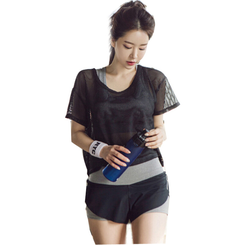 2018夏季新款瑜伽服女专业运动套装宽松性感罩衫健身房跑步速干衣黑罩衫+文胸+短裤三件套