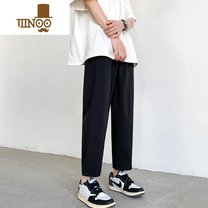 YANXU夏季裤子男款潮牌宽松阔腿直筒裤薄款冰丝休闲长裤男生垂感九分裤