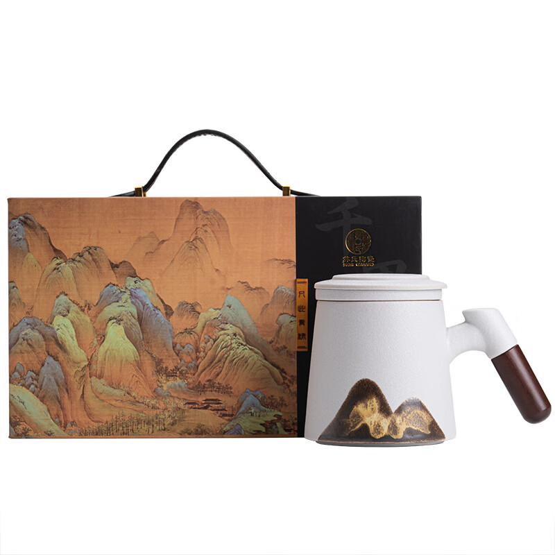 苏氏陶瓷/SUSHI CERAMICS J0698 聚财办公杯手绘釉画彩千里江山陶瓷内胆过滤茶隔水杯中国风文创伴手礼礼盒