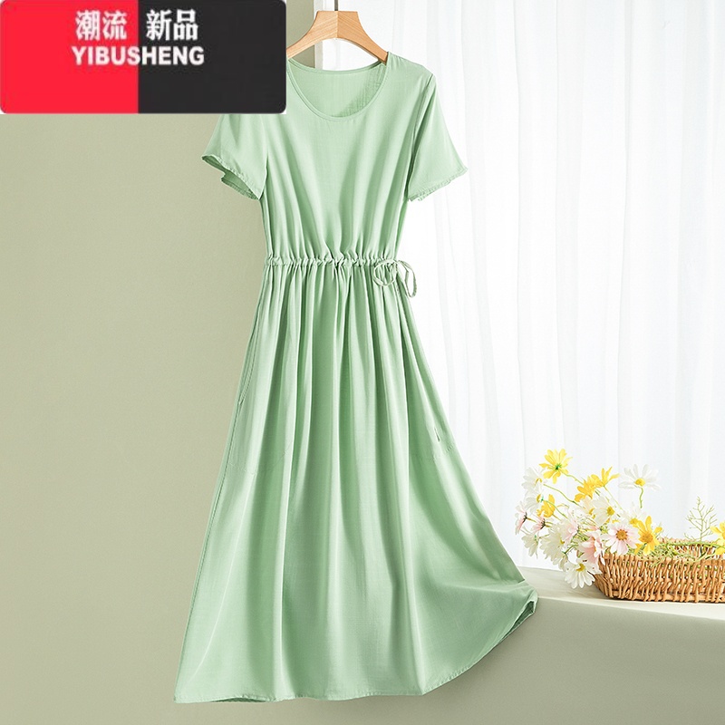 YIBUSHENG2024新款时尚棉绸季连衣裙系带纯色短袖小个子人造棉中长大摆2高清大图