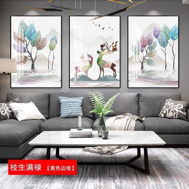 客厅装饰画沙发背景墙挂画北欧壁画三联组合轻奢麋鹿晶瓷餐厅墙画 枝生满禄（黑色边框） 80*100cm三联套装（建_54