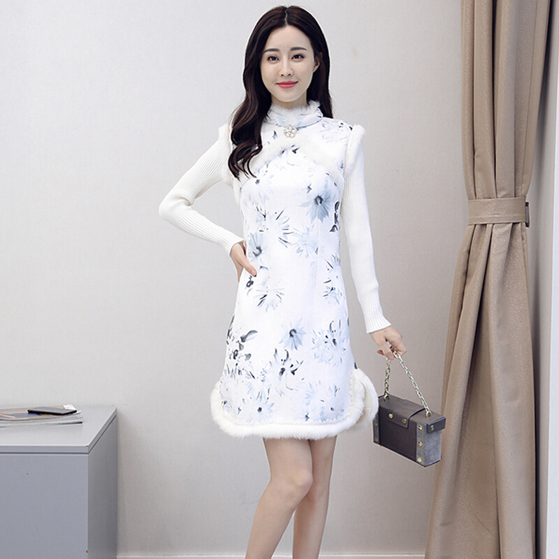 气质淑女2018春装新款中国风长袖短款修身少女改良A字旗袍连衣裙水墨花2193针织袖