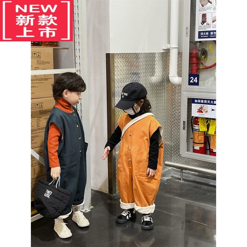 可莉允儿童连体裤冬季加绒加厚韩系背带裤中小童冬装保暖时尚宽松连身衣保暖裤图片