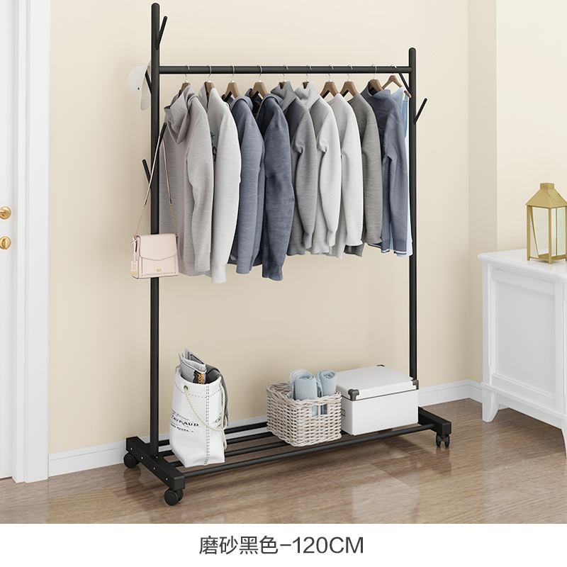 汐岩衣帽架双杆立式少女落地挂衣架包包架子家用卧室衣帽间放衣服 120磨砂黑-送轮