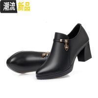 大码中年女鞋2019新款单鞋春秋真皮粗跟皮鞋女春季黑色百搭高跟鞋 广赫