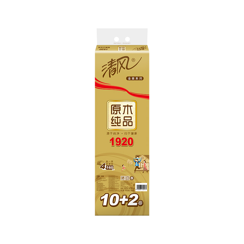 清风原木纯品金装4层卷纸160g*10卷(新老包装随机发货)