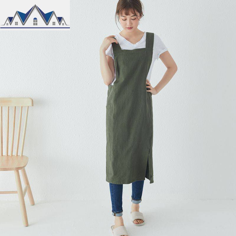 亚麻日式韩版家用厨房定制印字LOGO烘焙店奶茶鲜花艺画室工作围裙_1_550 军绿色