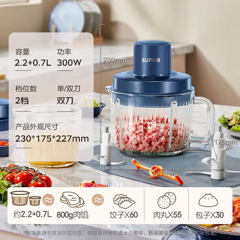 苏泊尔(SUPOR)绞肉机家用 多功能子母双杯双刀小型婴儿辅食机宝宝料理机 2.2L大容量JR55U-ZM高清大图