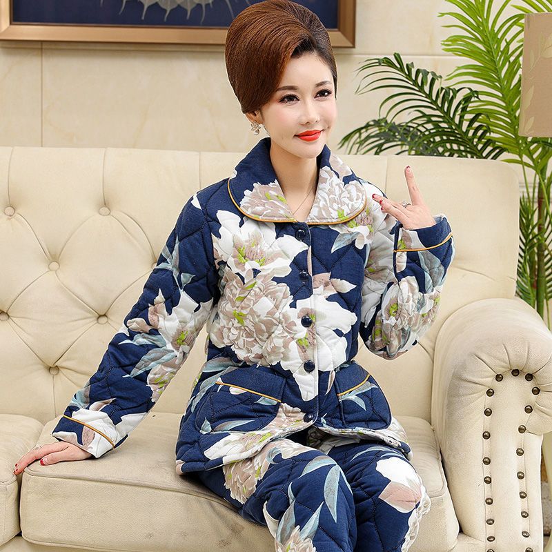 睡衣女冬季三层加厚加棉秋冬中老年妈妈夹棉保暖可外穿家居服套装