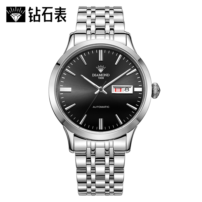 上海钻石牌（DIAMOND)手表机械表男表全自动大表盘日历精钢8030男士机械表DA-8030G钻石手表黑面白钢高清大图