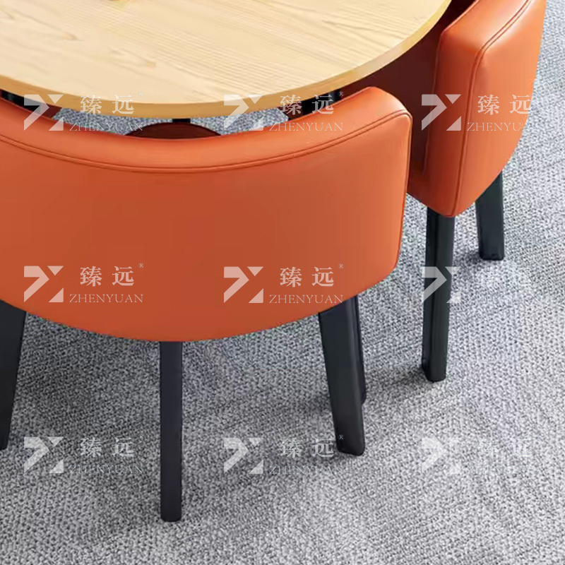 臻远ZY4100941 简约接待桌椅洽谈桌椅 一桌四椅 水曲圆桌橙色皮椅