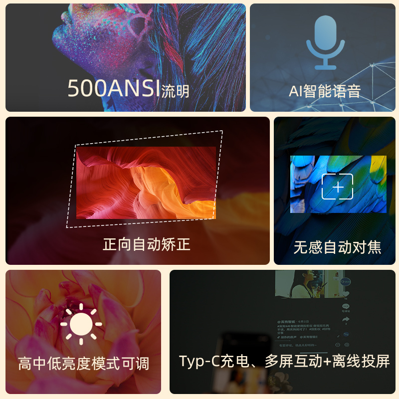 宾狗智能投影仪超小便携式可移动兼容1080P家庭影院 2G+16G 手机投屏 支持侧投 自动对焦 P3晴空蓝