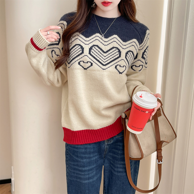 85折价1359元唐狮秋冬新款慵懒复古风图案圆领套头毛衣女秋冬小个子穿